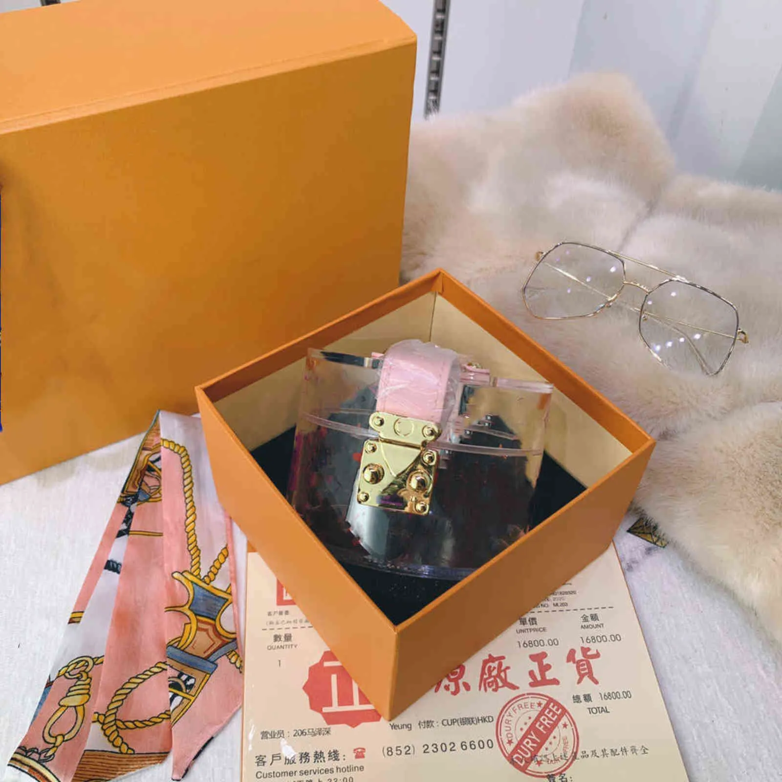 Cosmetic Bag Scott Box Luxurys Designer Glamours zum Schmuck Make -up transparent Plexiglas Frauen Taschen glänzend Metall Ornament235b
