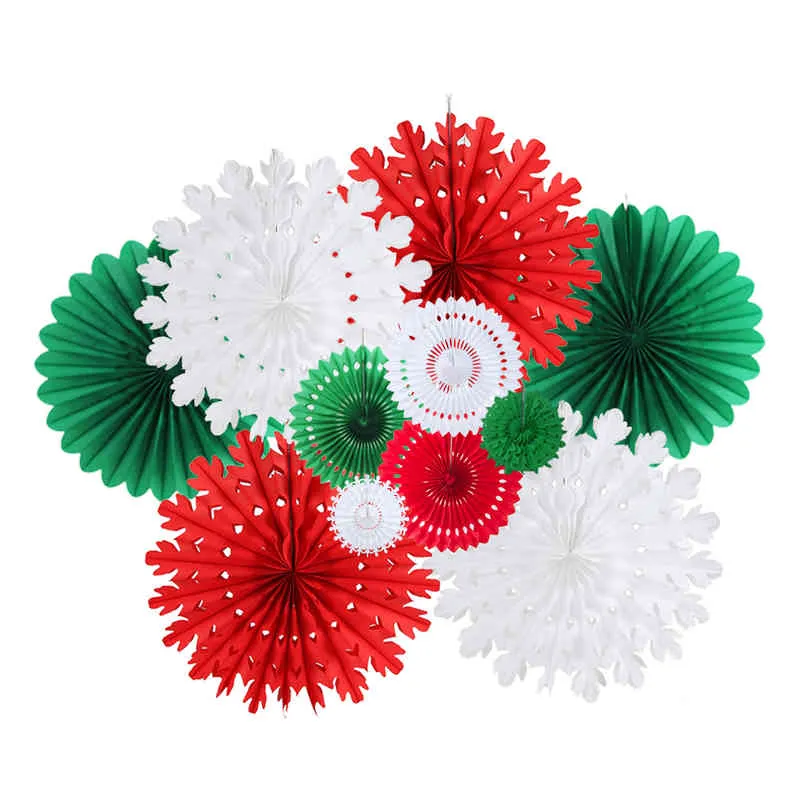 Xmas Decoration Set Dark Green Red White Paper Fans Snowflake Fan Wedding Birthday Year Christmas Party Supplies