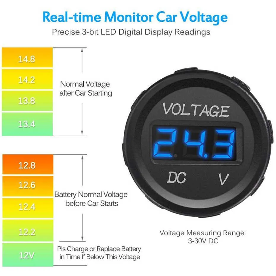 Rond ROXGOCT Mini étanche bateau à moteur moto DC5V-48V panneau LED voltmètre numérique testeur moniteur affichage voltmètre