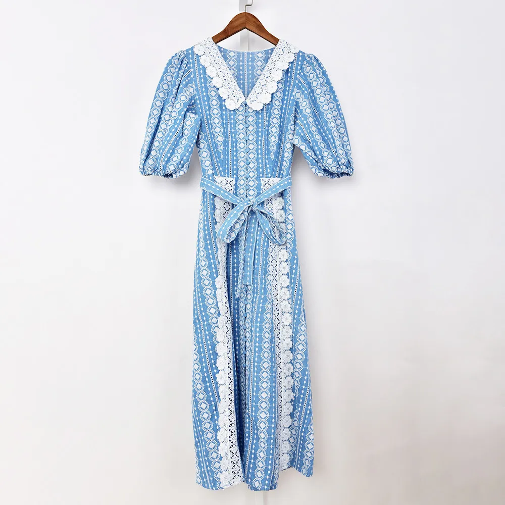 2021 Summer Autumn Half Sleeve V Neckline Blue Dress French Style Contrast Color Lace Embroidery Waist Belted Mid-Calf Dresses G127063