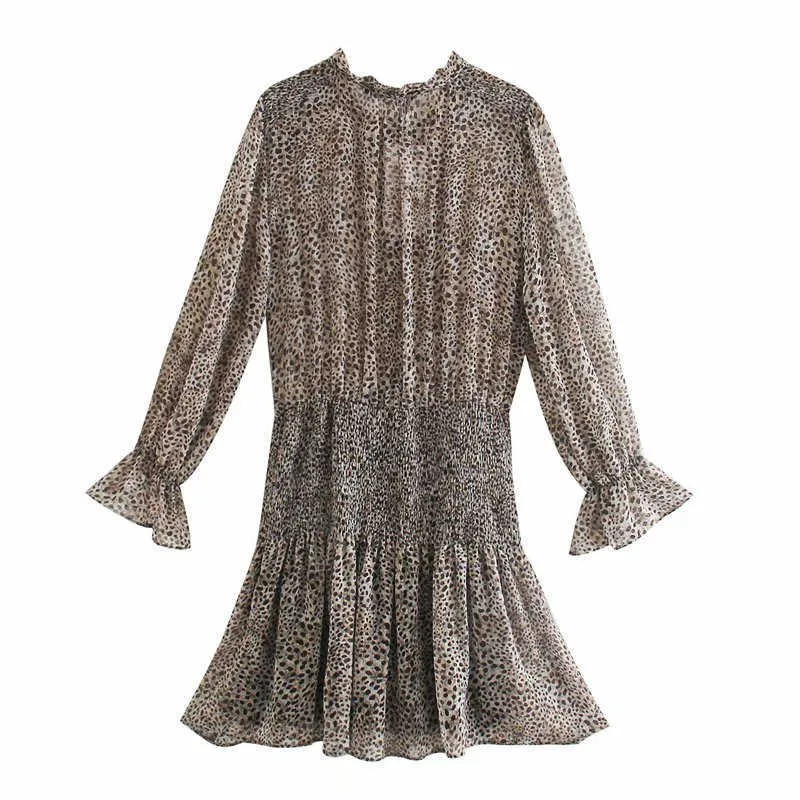 Za Animal Print mini robe Femmes Retro Ruffle Tie à manches longues Robe courte Chic Smocked Elastic Hem Female Robes Léopard 210602