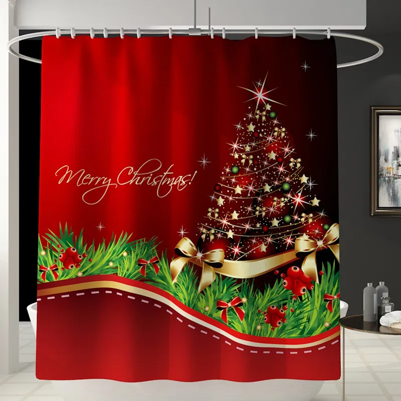 メリークリスマスバスルームスノーマンサンタクロースエルクパターン防水シャワーカーテンセットトイレカバーマットノンスリップラグ装飾3138260