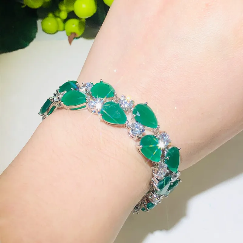 CWWZircons Geometric Natural Green Cubic Zircon Stone Luxury Wide Big Bracelet Bangle for Women Jewelry Party Accessories CB209