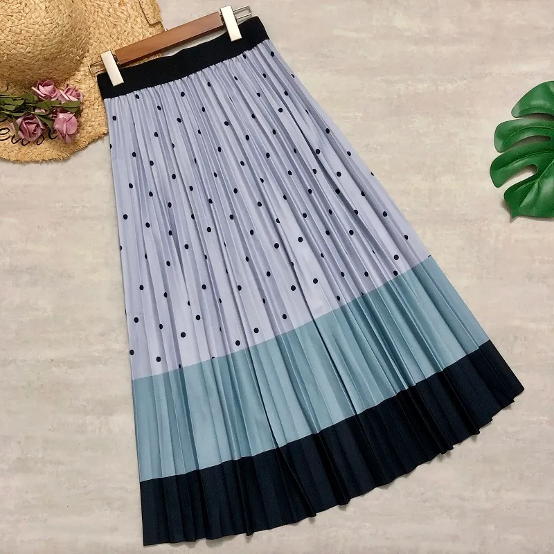 Femmes coton jupes longues à pois impression Patchwork rayé Vintage Midi jupes mode taille haute 210311