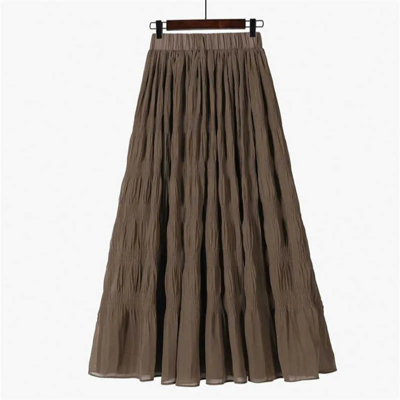 Plus Size Zwart Lange Rok Dames Stretch Hoge Taille Solid Chiffon A-lijn Casual geplooid Midi Faldas Saias Streetwear 210629