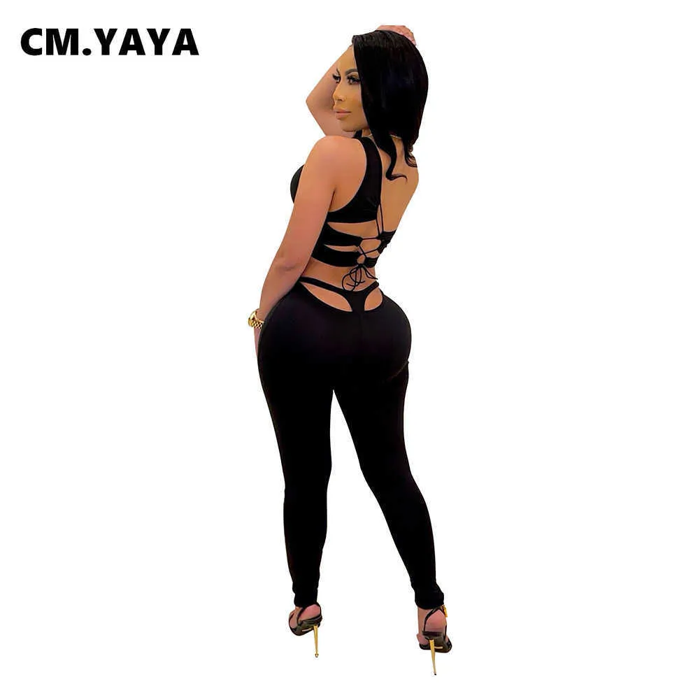 CM.YAYA Streetwear Solid Set da donna con lacci monospalla Cro Top e pantaloni abbinati a due completi da 2 pezzi Tuta attiva Y0625