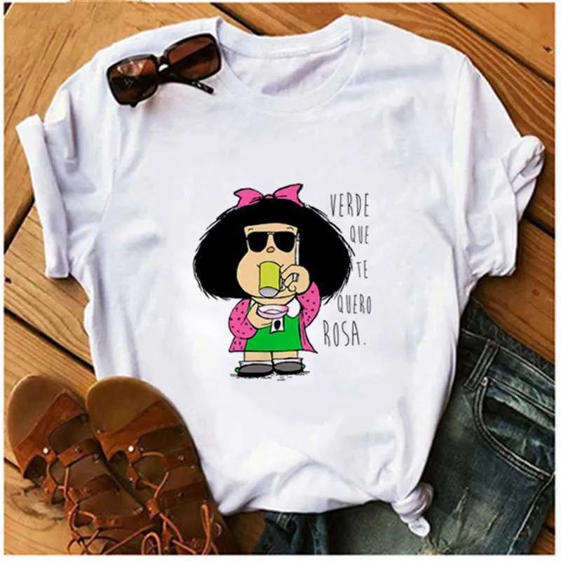 AOWOF drôle paix Mafalda ou je veux café dessin animé T-shirt femmes graphique impression T-shirt Harajuku T-shirt décontracté haut pour femme X0527