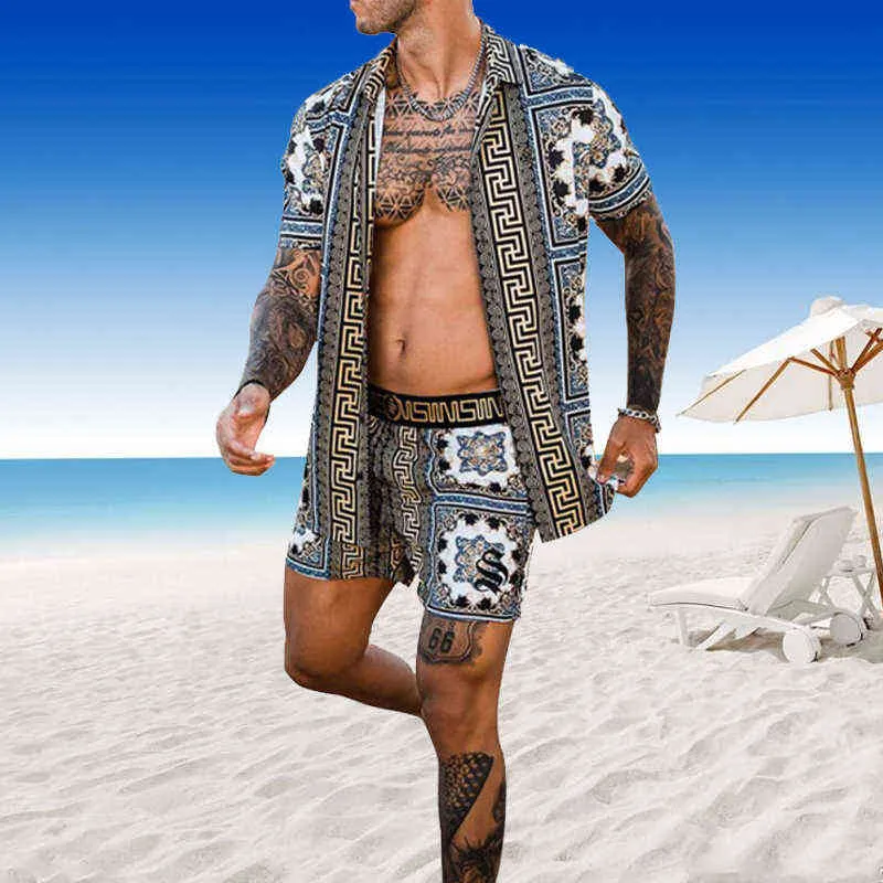 Hommes chemise hawaïenne ensembles mode impression 2021 été à manches courtes bouton chemise plage Shorts Streetwear décontracté hommes costume 2 pièces G220224