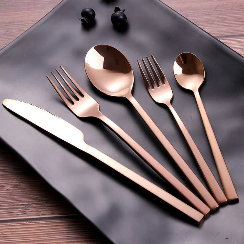 Gold Bestecksets Matt Edelstahl Tabelle Lnife Fork Coffee Löffel Wohnung Spülschale Safes Geschirr 210907250r