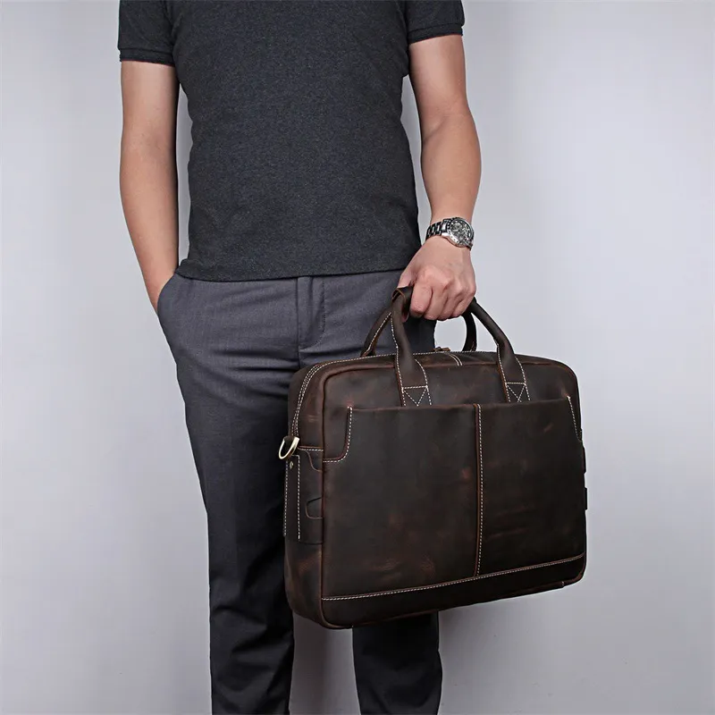 Män Business portfölj Väska för män Crazy Häst Leather Shoulder Messenger Quality Office Tote Handväska för 15,6 