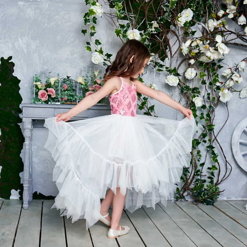 Высокий низкий цветок девушка платье стиль блестки бальные платья для свадьбы Выполните детскую одежду E17128 210610