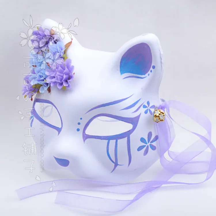 اليابانية كيمونو فوكس القط قناع اليد رسمت أنيمي الأرجواني الأزرق التدرج الحرير زهرة بيل تأثيري