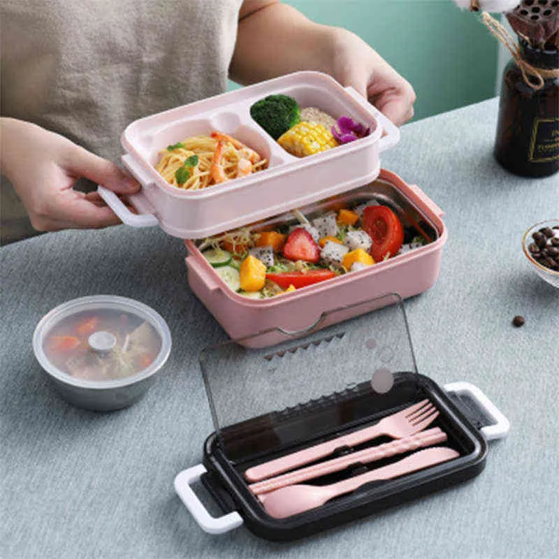 Plastic Storage Container Lunch Box Bento for Student Office Worker Double-layer Microwave Heat Food 211104
