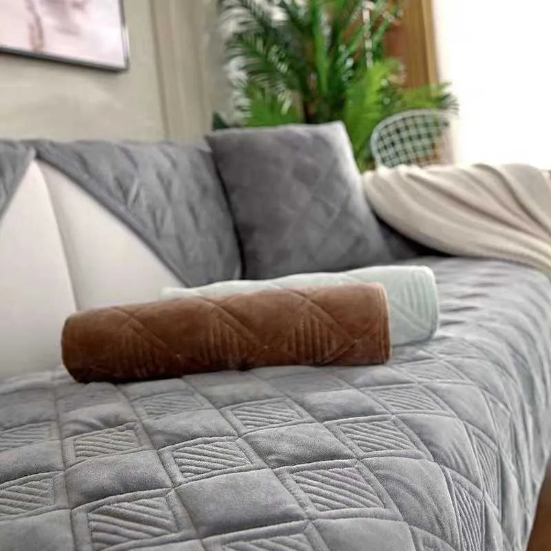 Asciugamano da divano corto color grigio peluche Breve europeo Addensare Fodera trapuntata Divano antiscivolo soggiorno 210723