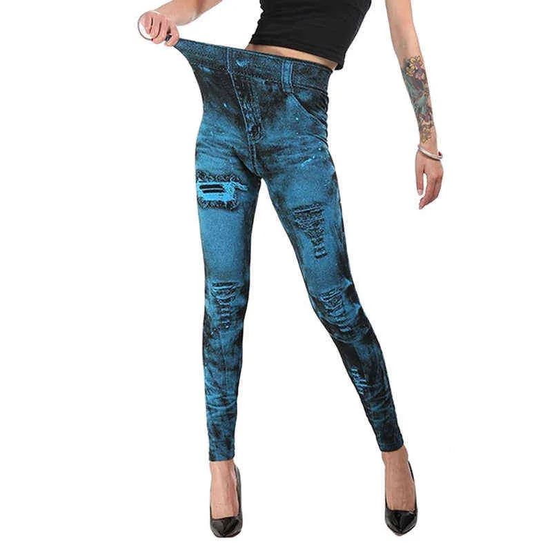 Kobiety Moda Klasyczne Rozciągliwe Szczupłe Legginsy Sexy Imitacja Jean Skinny Jeggings Spodnie Duży Rozmiar Dna 211215