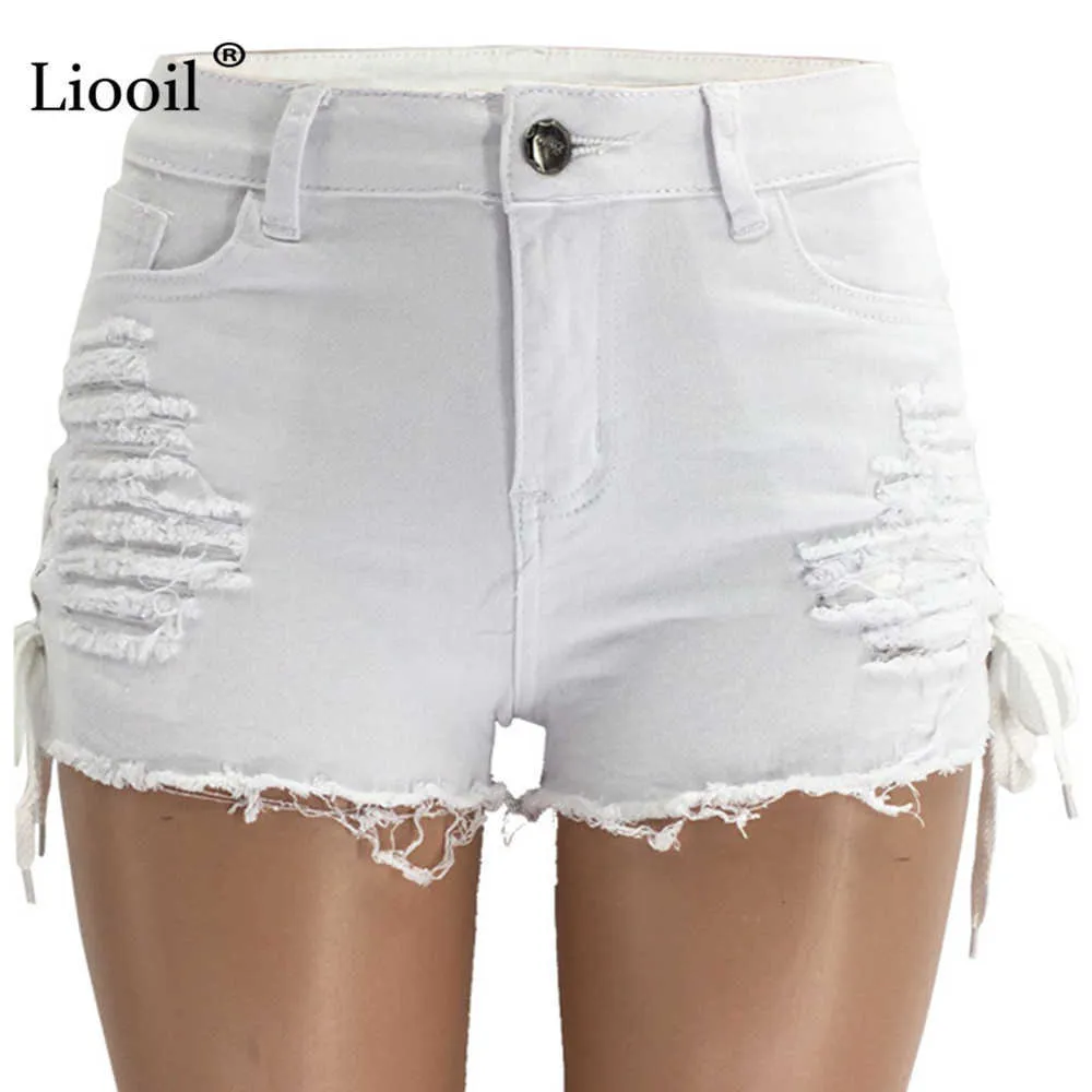 Pantaloncini di jeans con nappe Liooil Pantaloncini di jeans estivi da donna a vita media in cotone Sexy Rave Jean Short Lace Up Scava fuori Jeans bianchi neri 210722