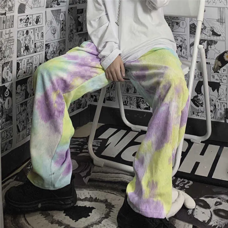 QWEEK Tie Dye Y2K Estética Harajuku Pantalones de pana Mujeres Hippie Vintage Pierna ancha suelta Pantalones de estilo de calle coreano Mujer Q0801