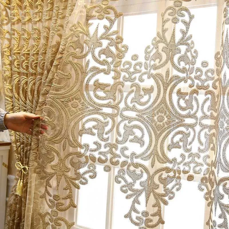 Europejski luksusowy ciemny złoty haftowany tiulowa kurtyna Jacquard Sheer Panel do salonu sypialnia królewska dekoracje domu ZH4314 2109036739635