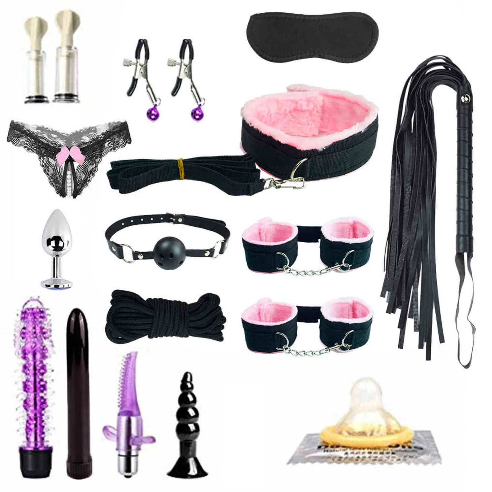 Bondage Peluche Sedici pezzi Abito abuso sessuale Attrezzo adulti Giocattolo Manette Frusta Inserimento anale Prodotto vibratore Sesso femminile 1123