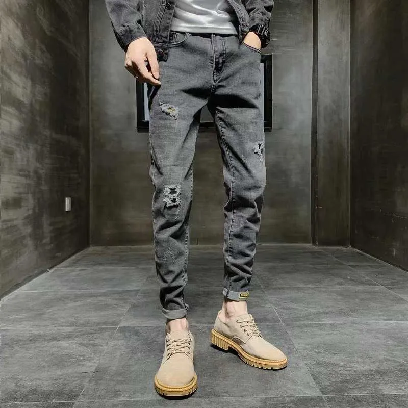 Commercio all'ingrosso 2020 moda hip hop street cargo grigio scuro lavato cotone non stirato strappato jeans skinny da uomo a vita media homen X0621