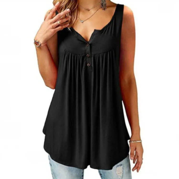 Plus Size 6XL Summer Tank Top Womens Tunic Button Neck Tops Sleeeless Loose Casual Camis Ladies Women Top Haut Femme Y0824
