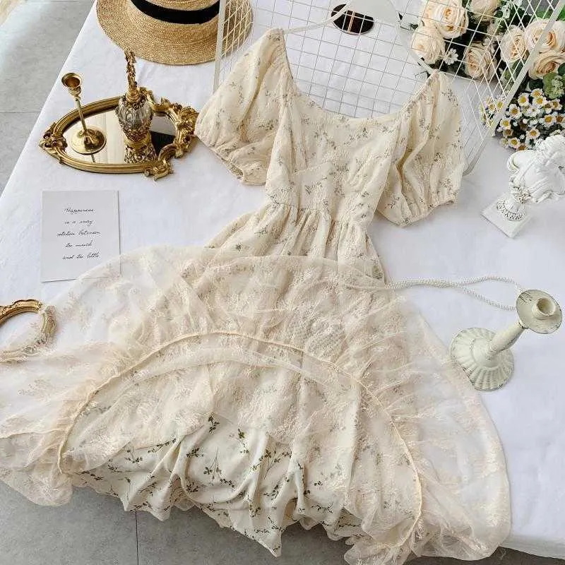 Summer Fairy Dress Women French Style Vintage Retro Chiffon Dress Puff Sleeve Casual Elegant Floral Print Dress Women 2021 New Y0603