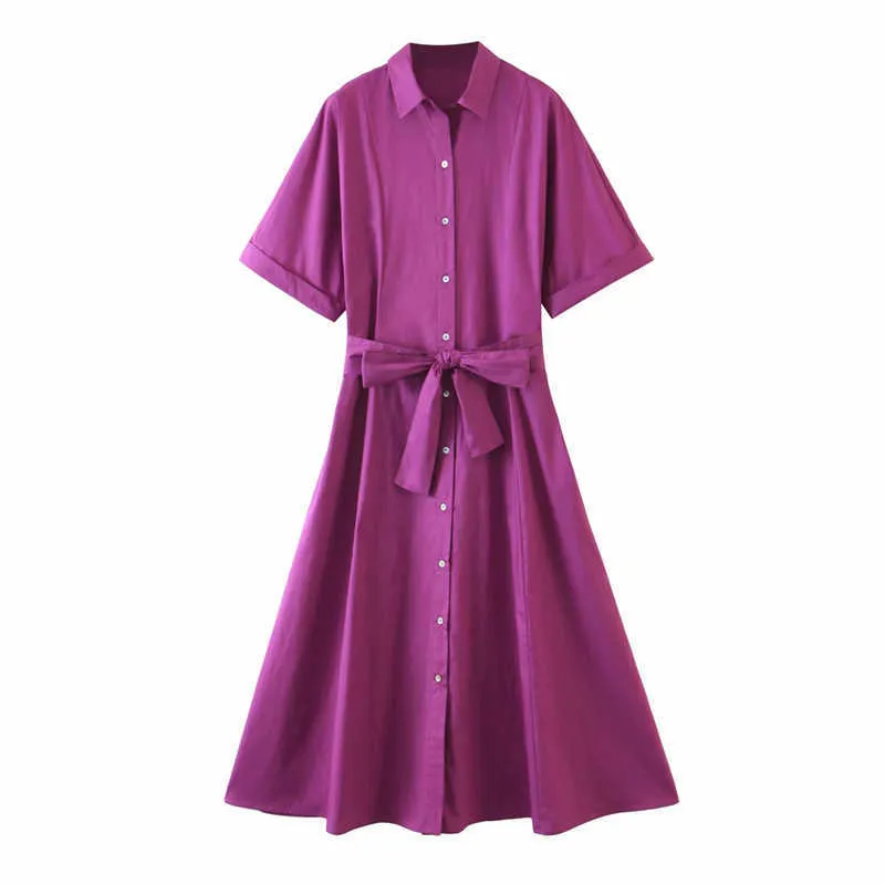 Za Mujeres Elegante Midi Camisa Vestido Tie Self Belt Vestido largo de verano Cuello de solapa Botón frontal Mujer Moda Oficina Vestidos 210602