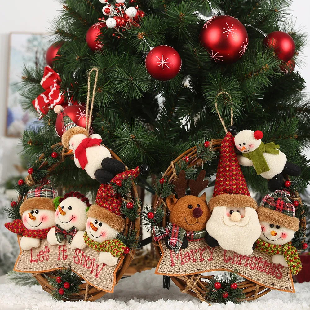 Christmas Ornaments Wreath Rattan Garland Snowman Elk Vine Ring Pendant Decoration For Window Door Y201020