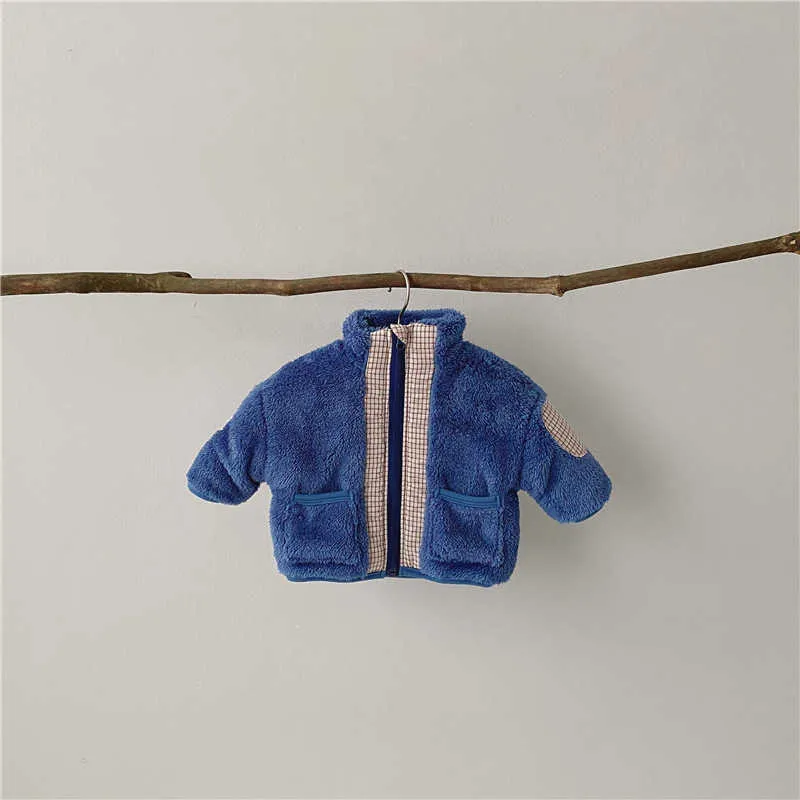 Giacca invernale scozzese con cuciture in lana di agnello spessa bambini Abiti coreani caldi e confortevoli da gita 210625