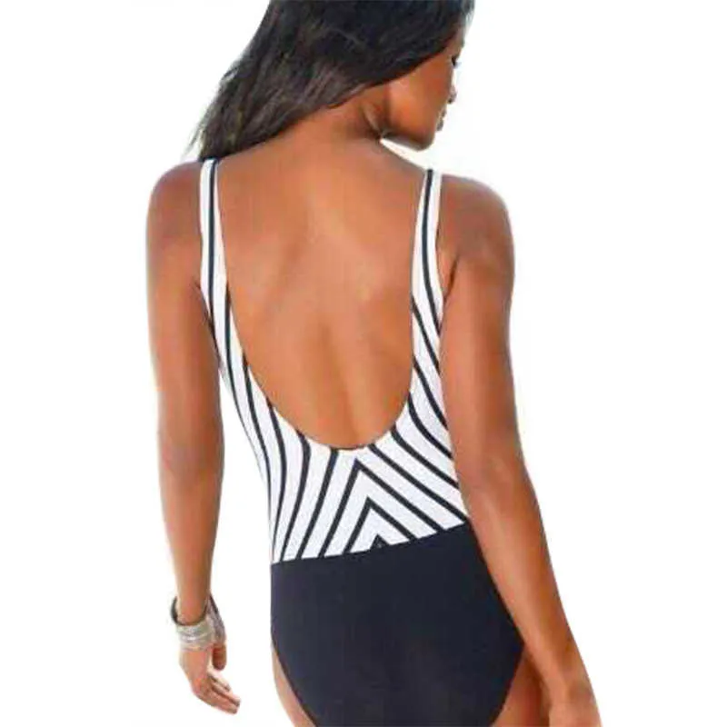 Black Striped Patchwork Sexy V-neck Backless String Swimsuits Summer Hollow Out Push Up Brazilian Baithing Suit Bikini 210604