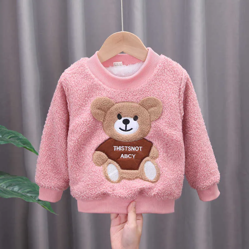 Pullover maluch maluch dla dziewcząt marka bluzy zimowe ciepły płaszcz Tshirt baby jagnięciny wełna gęstwy strój dla dzieci kreskówki niedźwiedzia ubrania 2209924
