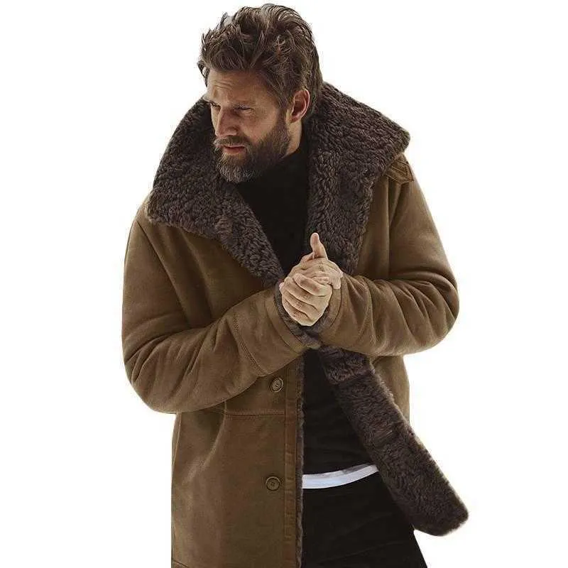 Hommes hiver polaire épais chaud manteau Outwear Trench veste en cuir à manches longues fourrure 211014