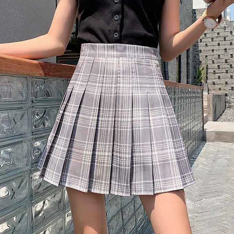 Jmprs hoge taille vrouwen geplooid rok jk zomer japan zoete preppy stijl meisjes dans mini mode plaid rits faldas mujer 210629