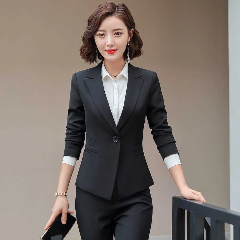 Professionell kvinnors kostym byxor passar tvådelade vår och höst Casual jacka feminin elegant kjol svart arbete kläder 210527