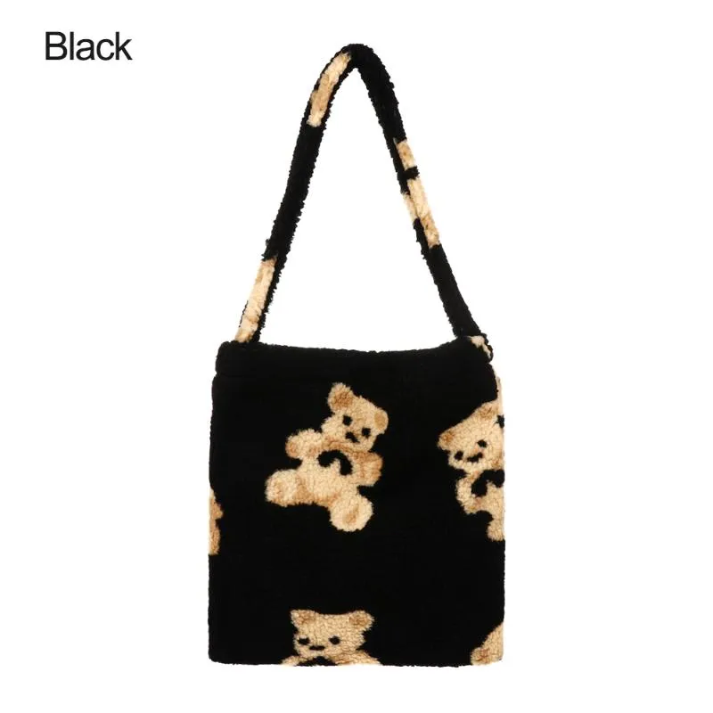 School Bags Women's Girls Fluffy Shoulder Bag Cute Bear Print Top-handle Female Autumn Winter Handbag Plush Tote Fashion Shop275b