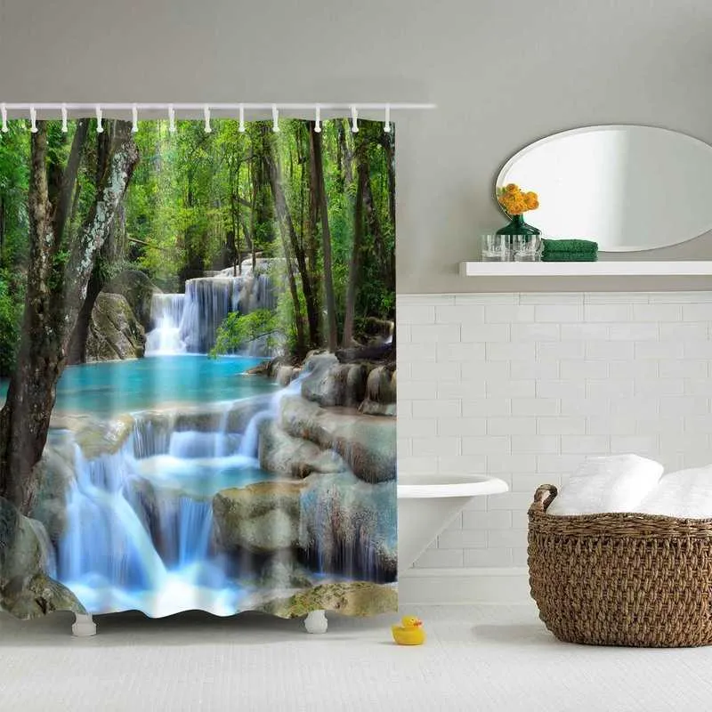 Bambus Wald Bäume Landschaft gedruckt 3D Bad Vorhänge wasserdicht Polyester Stoff waschbar Badezimmer Duschvorhang 210609