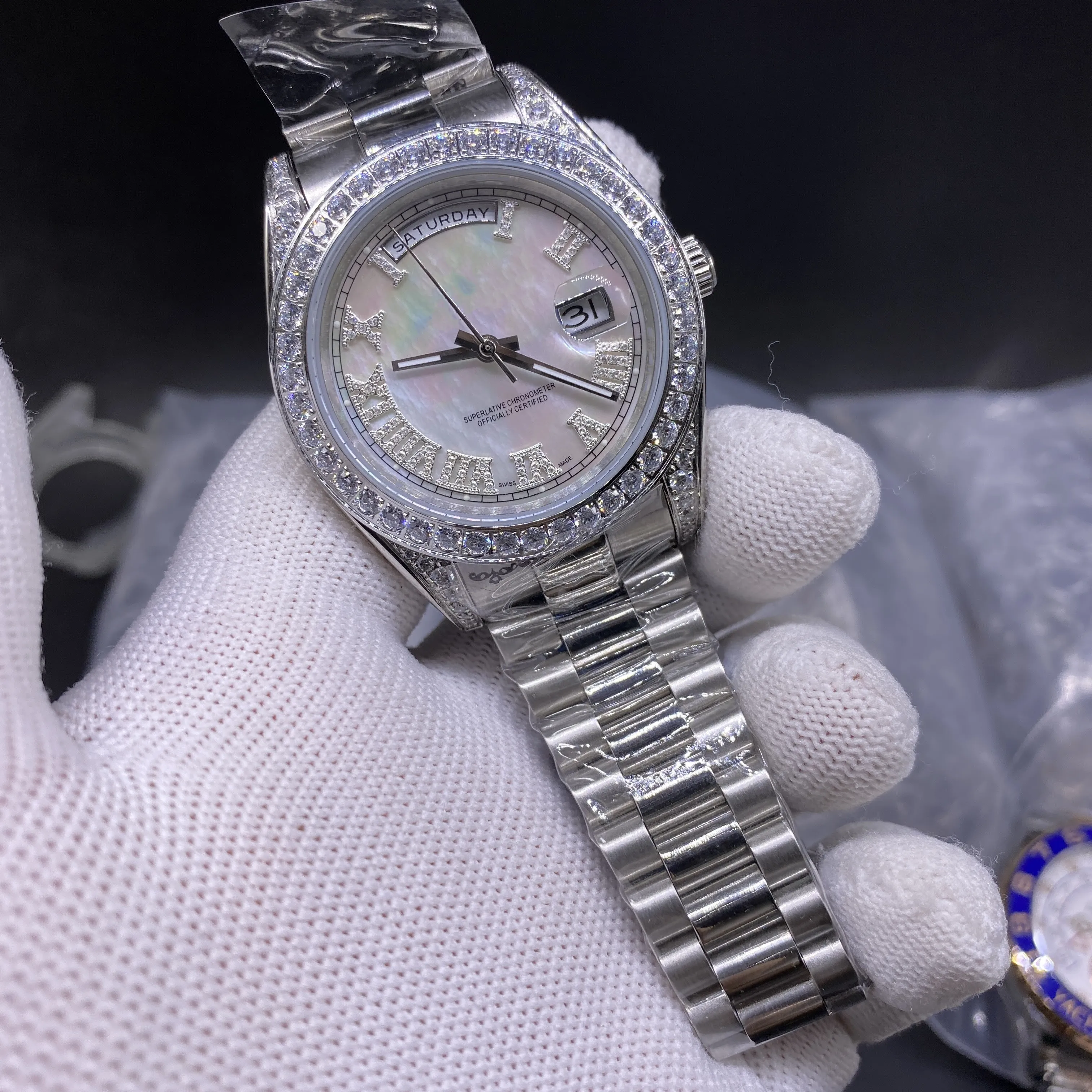 Montre de luxe pour hommes, anneau unique, diamant, perle blanche, bracelet en acier inoxydable, 41mm, automatique, date 300B
