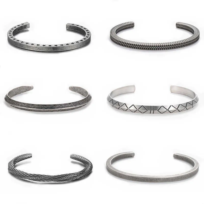 Classic Five-pointed Star Titanium Steel Bangles Mens Vikings Vegvisir Simple Cuff Bracelets Punk Unisex Jewelry Gifts Pulseira Q0719