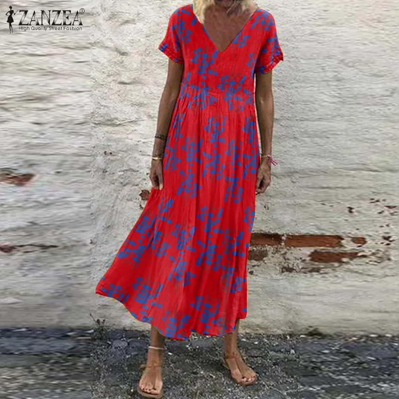 Oversized Womens Floral Sundress Zanzea 2021 Kaftan Drukowana Summer Sukienka z krótkim rękawem Maxi Vestidos Kobiet Dorywczo Robe Femme X0521