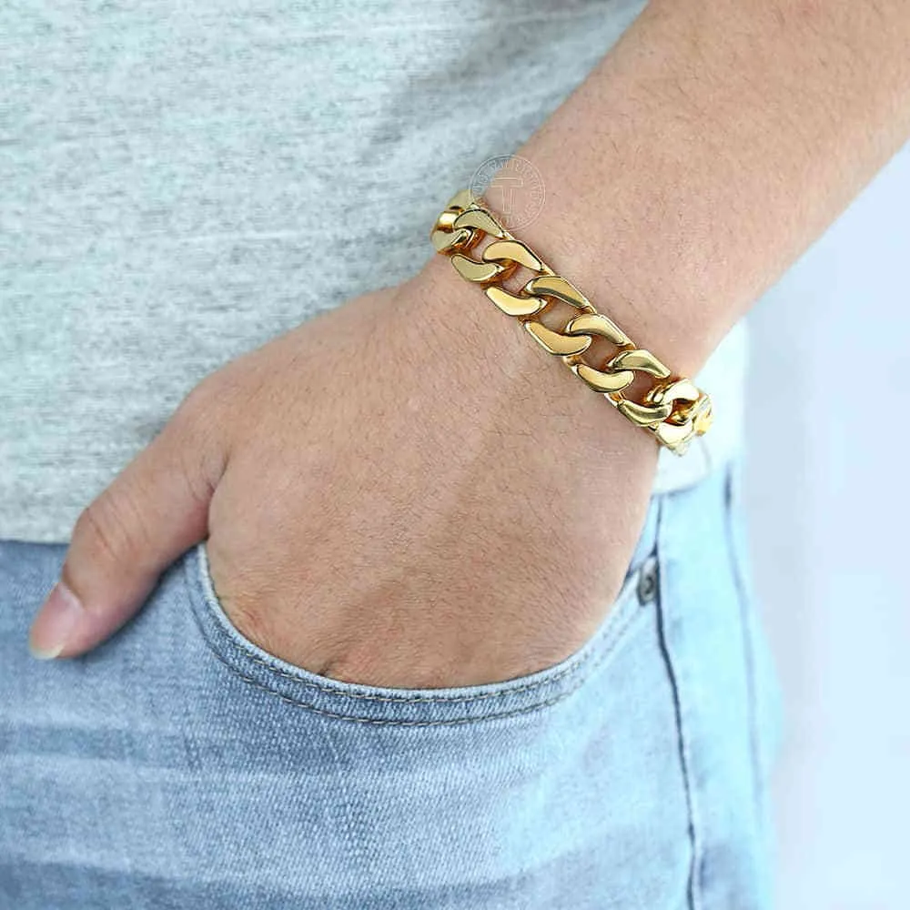 Trendsmax Mäns Armband Hip Hop Gold Cuban Link Kedja 316L Rostfritt stål Armband för manliga smycken droppe 13mm KHB293