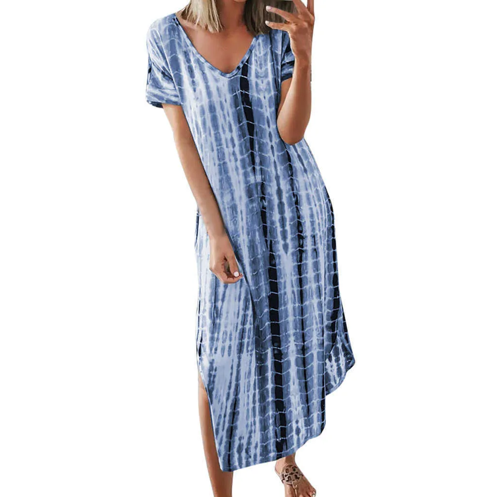 Maternité Plage Style Femmes Tie Dyeing Imprimer Ethnique Boho Coton Lin Col V À Manches Courtes Côté Split Maxi Robe Plus La Taille XXL Q0713