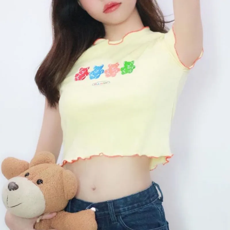 Sweet Girls Cute Bear bordado camiseta mujer verano manga corta Crop Tops Harajuku Street moda camiseta mujer K Pop Tees 210306