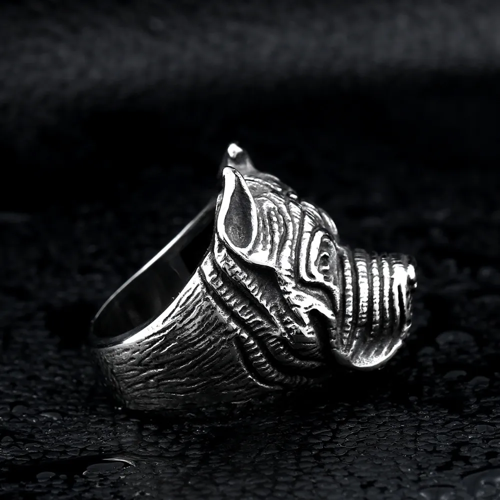 Men's Vintage Stainless Steel Ring Viking Pitbull Bulldog Gothic Pug Dog Head Totem Amulet Punk Animal Jewellery for Men Boys287n