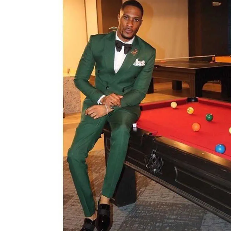 Dark Green Double Breasted Men Suits Peak Lapel Groom Tuxedos Male Fashion Wedding Jacket with Pants African Costume X0909