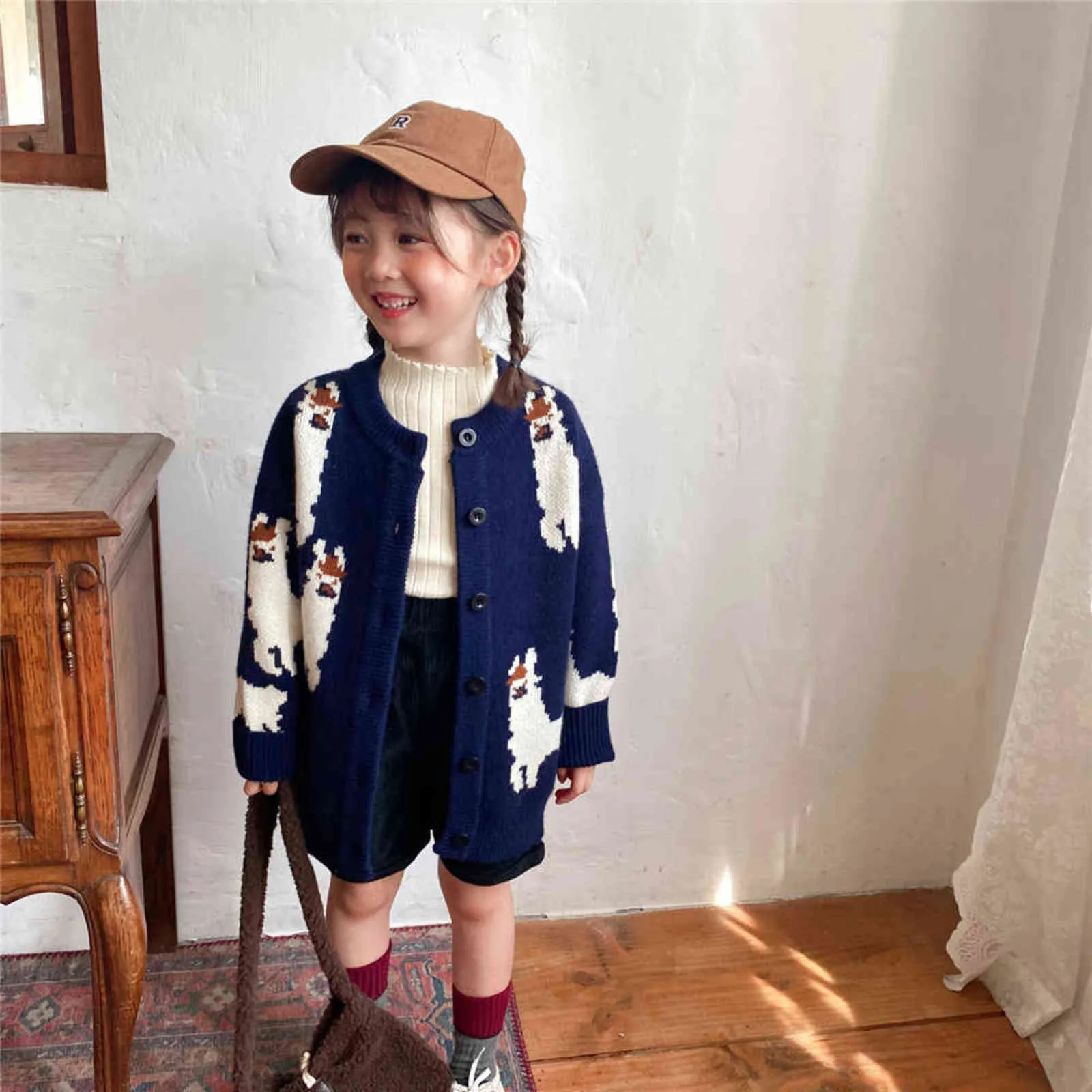 Ragazze carino leopardo cartone animato cardigan lavorato a maglia bambini in stile coreano sciolti morbidi maglioni casual con scollo a V 211104