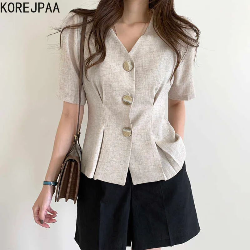 Korejpaa Kvinnor sätter koreanska chic v-nacke mångsidig tre knapp pläterad skjorta + hög midja slacks shorts kostym kvinnlig 210526