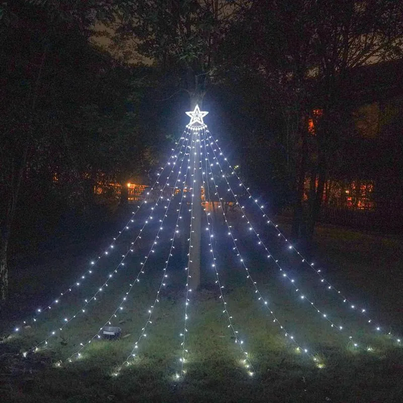 Cordes mené à cinq points étoiles cascade légère Noël suspendue arbre jardin d'eau télécommande Solar213a