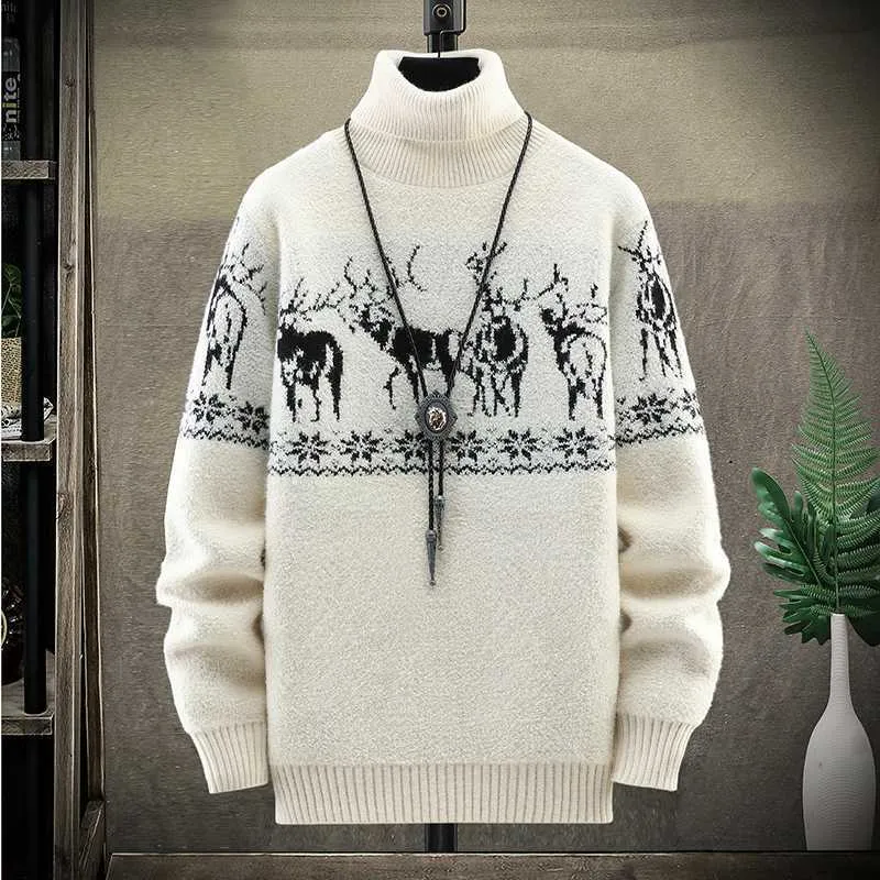 Mens Fashion s Maglioni Harajuku Deer Design Sweatercoat Fuzz Dolcevita Pullover manica lunga Abbigliamento casual Maglieria maschile 211014