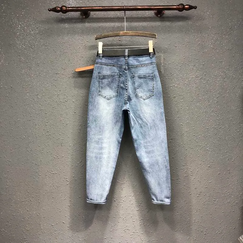 Pantaloni jeans con ricamo cartoon Pantaloni stile harem a vita alta in denim con motivo da donna primaverile 210915