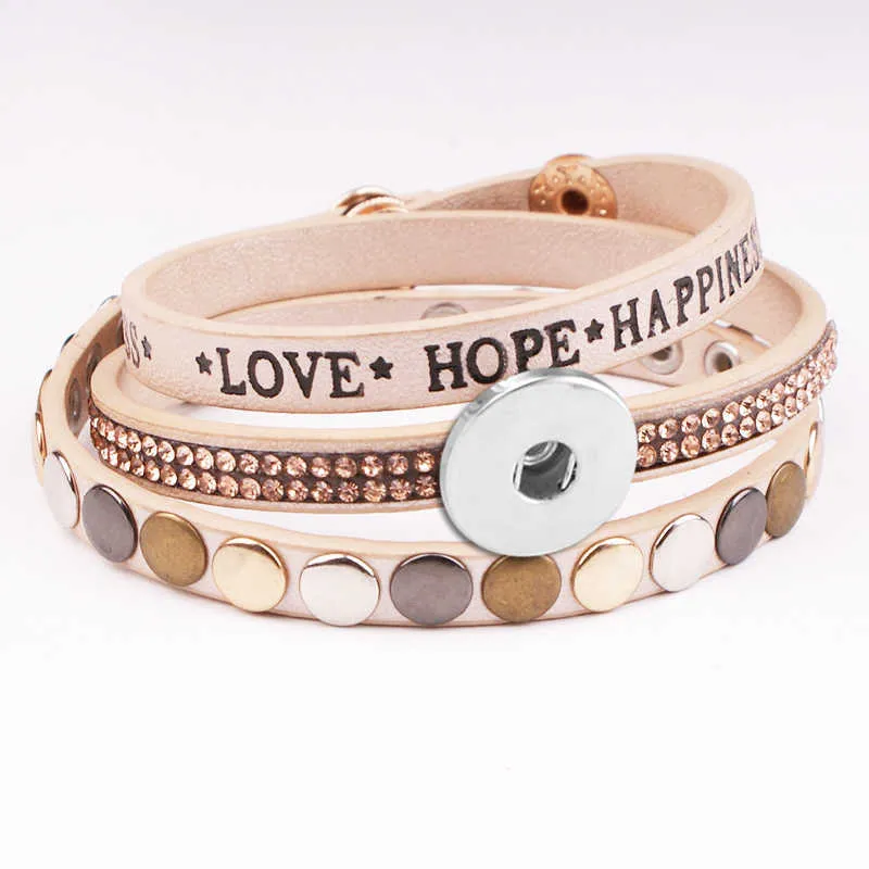 Ny Mode Kärlek Hopp Lycka PU Läder 18mm Snap Button Armband NA7505 Q0719